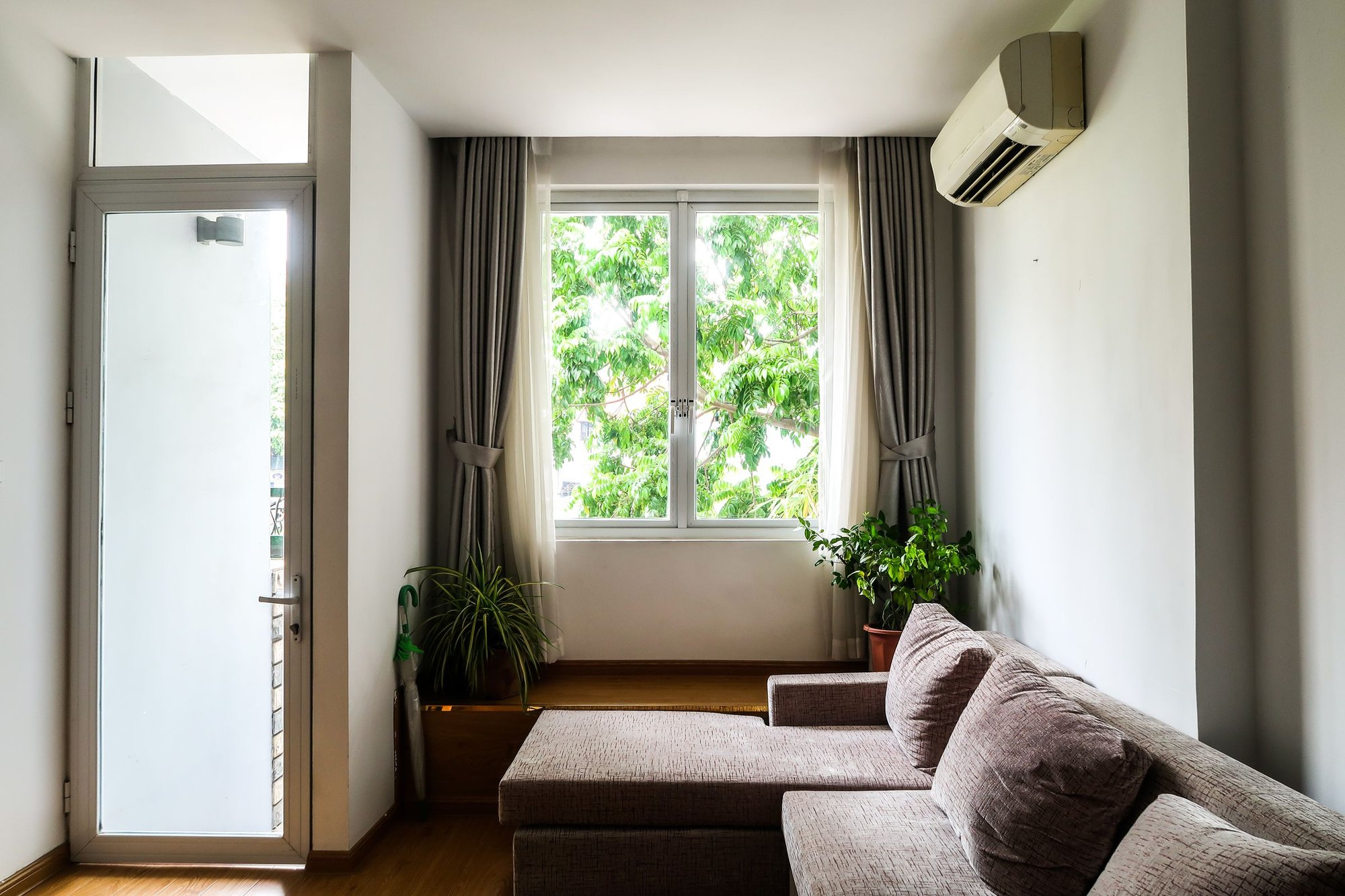 Bright living room with a sofa, plants and a wall-mounted mini-split